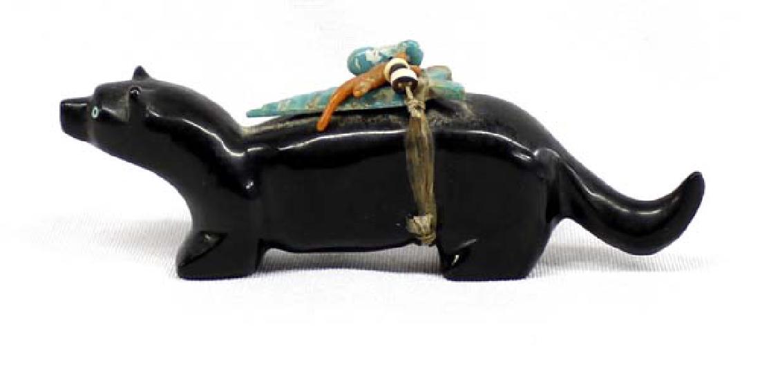 Native American Zuni Carved Jet Weasel Fetish: Native American Zuni Carved Jet Weasel/Mink Fetish, measures 4.5''L x 1.5''H x .75''Deep, carved turquoise arrowhead spirit bundle offering embellished with turquoise nugget, branch coral, and shell h