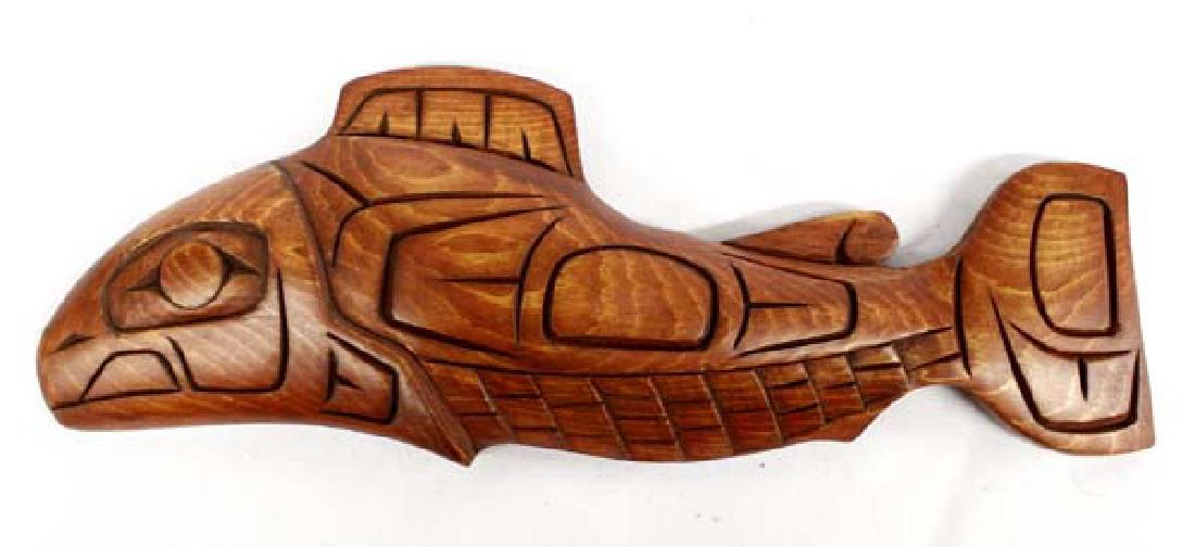 Northwest Coast Carved Wood Salmon by C. George: Canadian Northwest Coast Native American Carved Wood Salmon by Clifford George (b. 1962), Ucluelet First Nation (Ittatsoo in B.C., Canada), a member of the Nuu-Chah-Nulth Nation, carved in 1991 from y