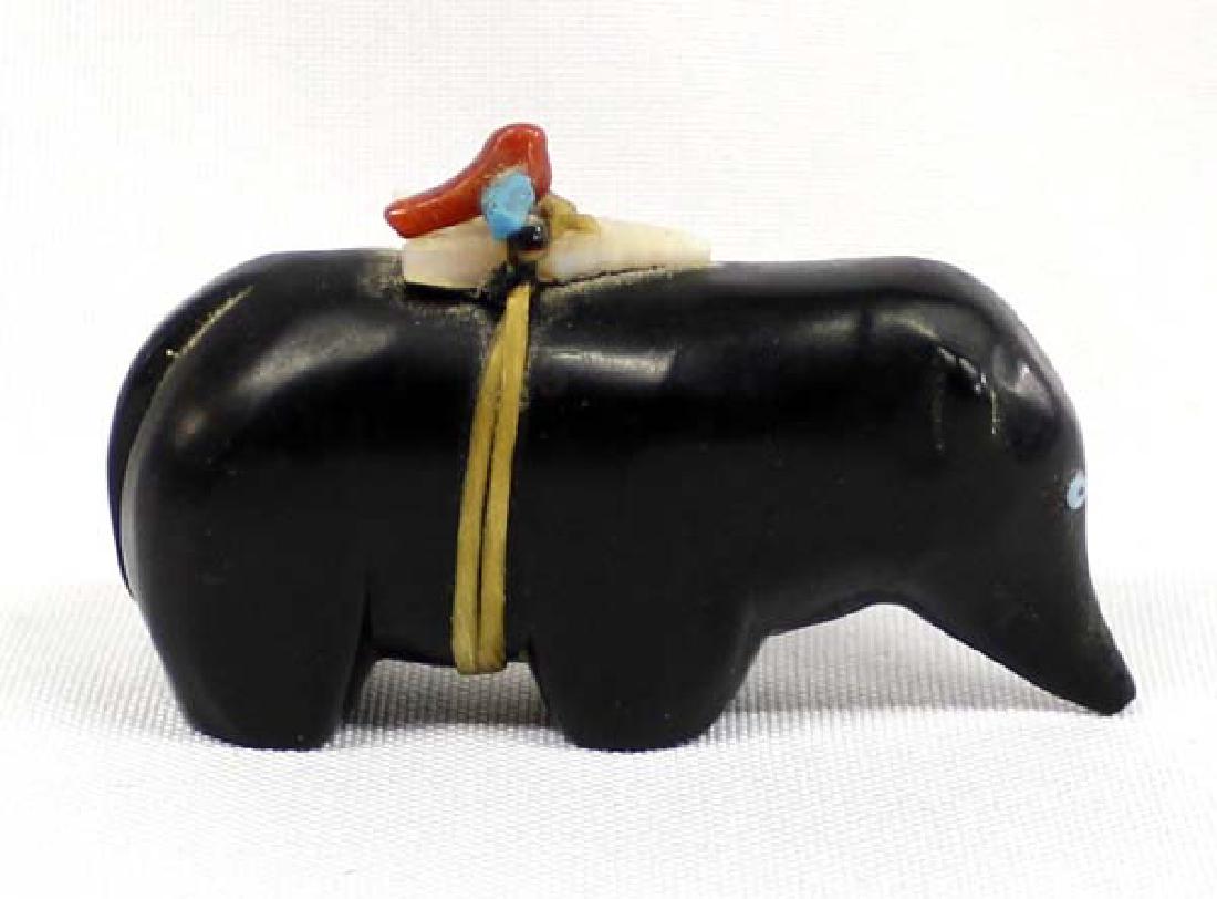 Native American Zuni Carved Jet Mole Fetish: Native American Zuni Carved Jet Mole Fetish, turquoise bead eyes, mother of pearl arrowhead offering bundle with coral and turquoise accents, measures 2.75''L x 1.5''H x 7/8''Deep