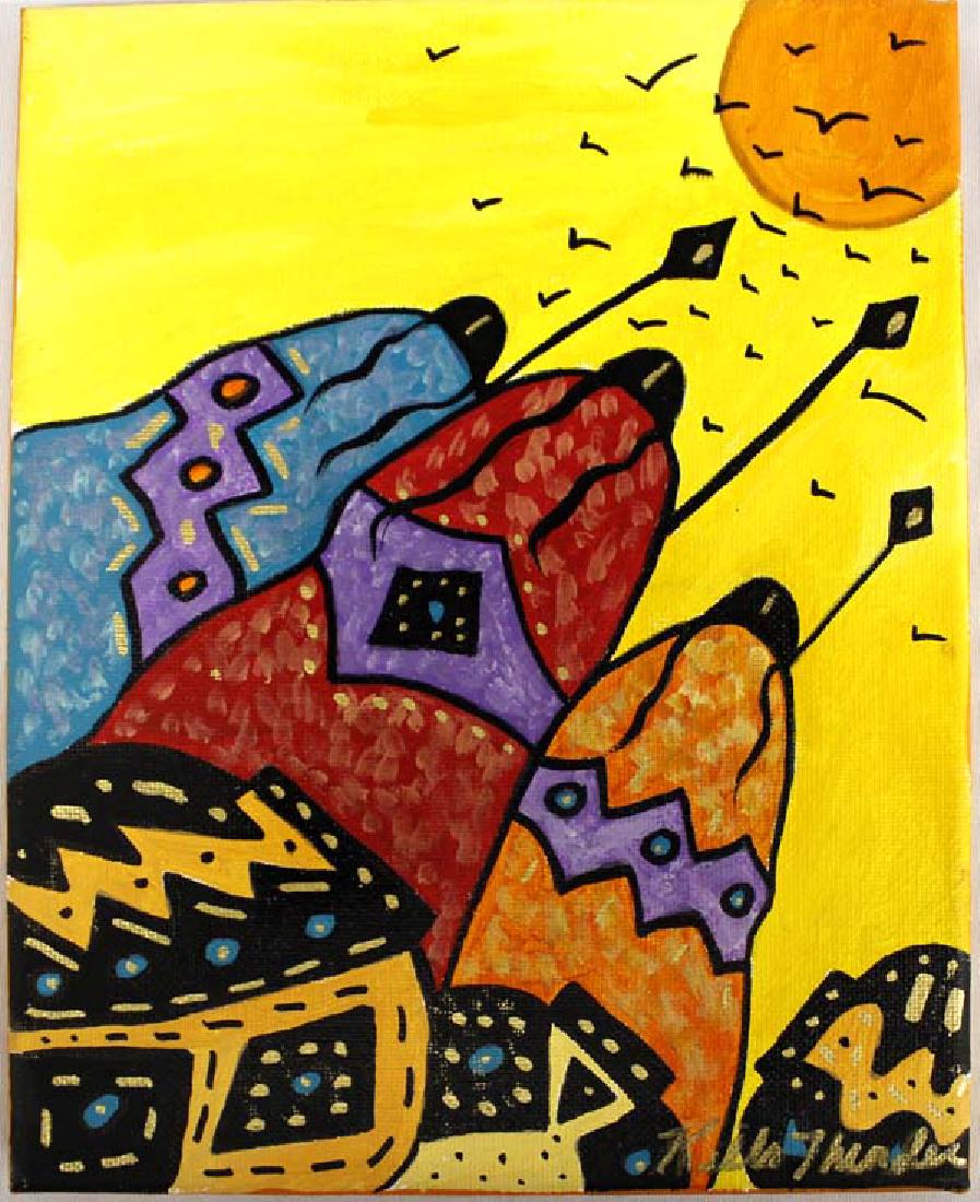 Original Acrylic Painting by Kathy Kills Thunder: Original Acrylic Painting ''Mimiteh'' (Omaha for New Moon) by Kathy Kills Thunder, measures 8'' x 10'' and is signed by the artist, Artist Bio: Kathleen Kills Thunder (her legal name) was born in 1947