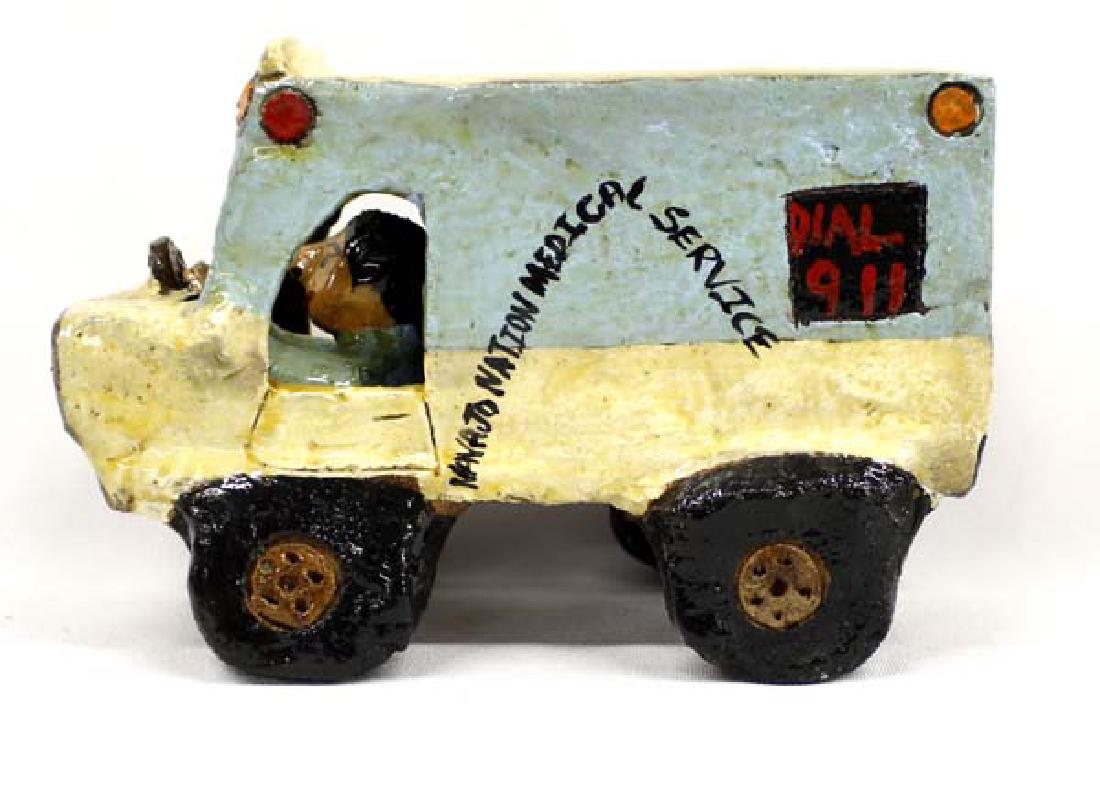 Native American Navajo Pottery Ambulance by Chee: Native American Navajo Pottery Ambulance by Jonathan Chee, ''Navajo Nation Medical Service'', measures 7''L x 4.5'' x 3.25''Deep, signed JC on the bottom