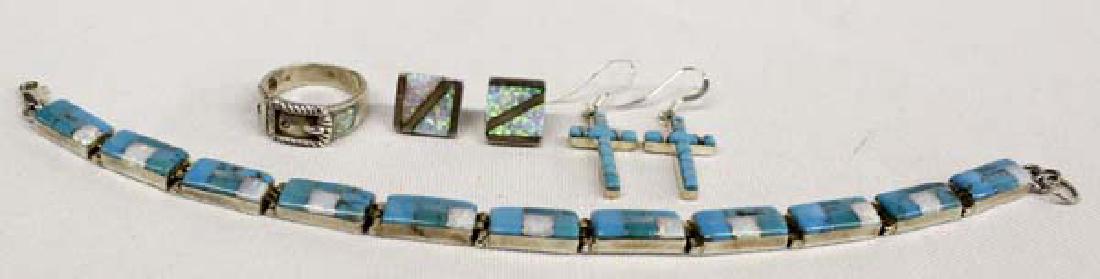 Southwestern Sterling & Opal Jewelry: Southwestern Sterling & Opal Jewelry, includes 1. Sterling Turquoise and Opal Cross Earrings, measure 1.5''L (includes wire) x .25, stamped sterling 2. Sterling Opal Buckle Ring, size 6.5 x .25''W, st