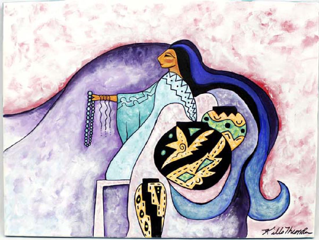 Original Acrylic Painting by Kathy Kills Thunder: Original Acrylic Painting ''Chapawee'' (Sioux for Industrious) by Kathy Kills Thunder, measures 18'' x 24'' and is signed by the artist, Artist Bio: Kathleen Kills Thunder (her legal name) was born in