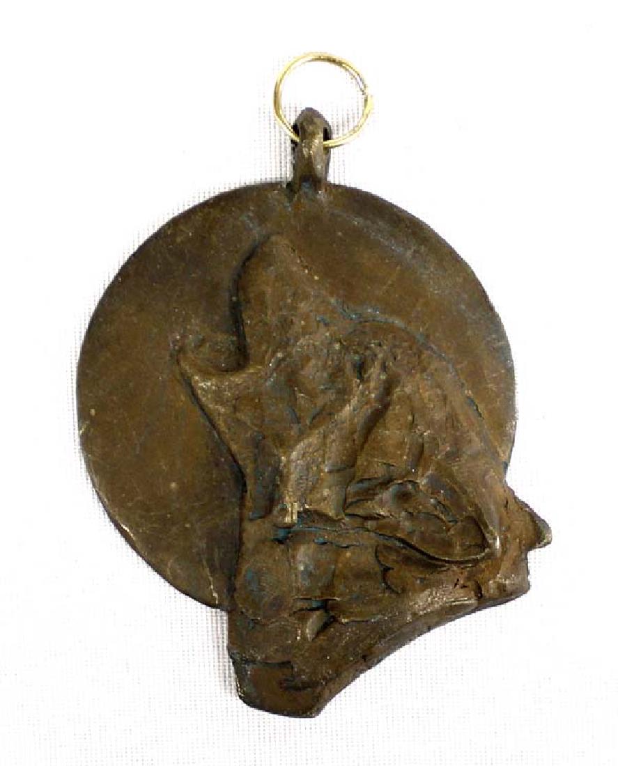 Bronze Howling Wolf Medallion by Gwynn Murrill: 1992 National Association of Women Artists Bronze Howling Wolf Medallion by Gwynn Murrill, signed and measures 3'', FYI: "Gwynn has received many accolades: the Guggenheim Fellowship, a Prix di Roma F