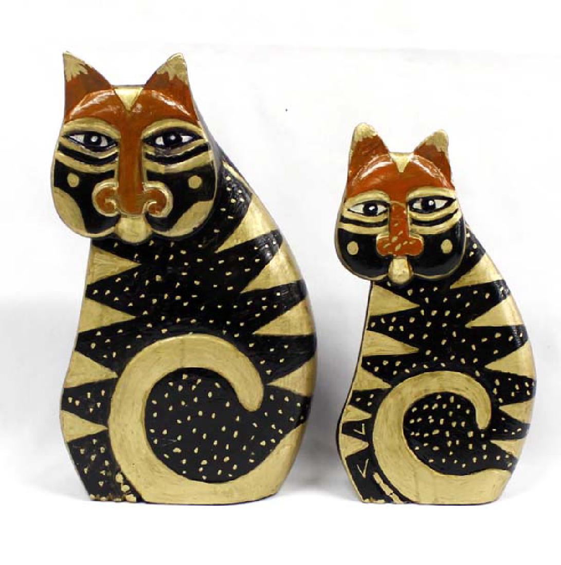 2 Carved Indonesian Wood Cats: 2 Carved Indonesian Wood Cats, hand painted, largest measures 12'' x 7'' x 3''