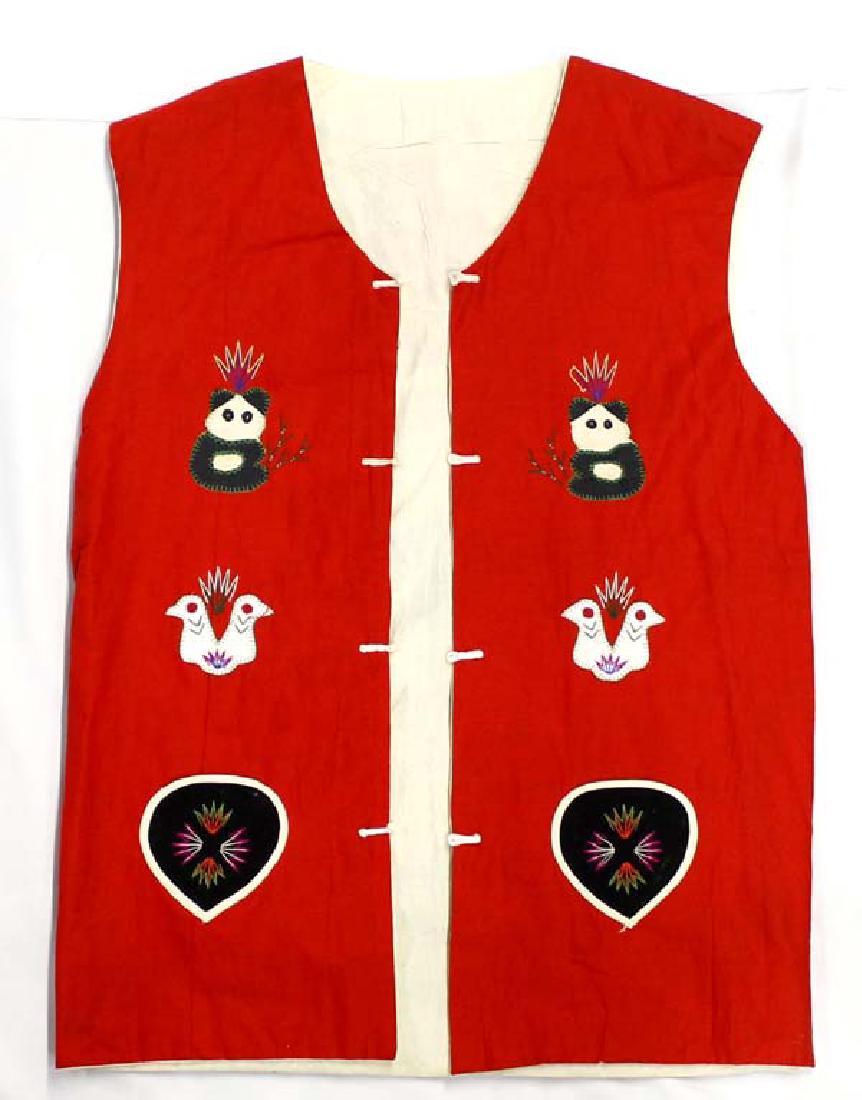 Chinese Folk Art Applique Vest: Chinese Folk Art applique vest, Size Small to Medium, measures approx. 29'' in Length x 19'' in length (from shoulder to bottom of vest). Muli-colored Frogs, Tadpoles, Bugs & Panda Bears makes this ve