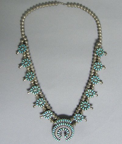 Navajo Silver Squash Blossom Begay Necklace 27": Navajo Sterling Silver & Turquoise Squash Blossom Necklace by Larry Moses Begay. Stamped ''LMB''. Measures 27'' SHI $20.