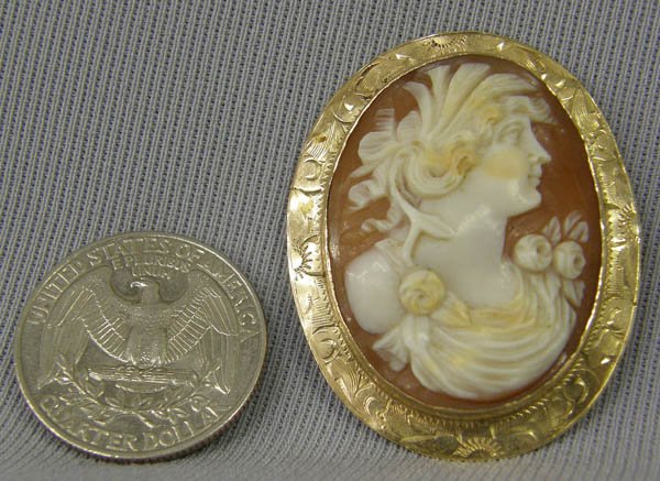 Victorian 10K Shell Cameo Estate Pin 1.5x1.25'': Victorian 10K Shell Cameo Estate Pin. Measures 1.5'' x 1.25''. SHI $15.