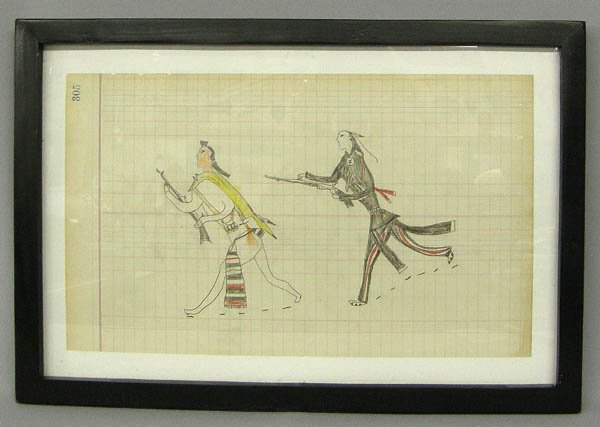 Framed Arapaho Style Ledger Drawing 13.24x8'': Framed Arapaho Style Ledger Drawing. Framed in a wooden frame, under glass. Measures approx. 13.24x8''. Information on the back of the picture. SHI $35.