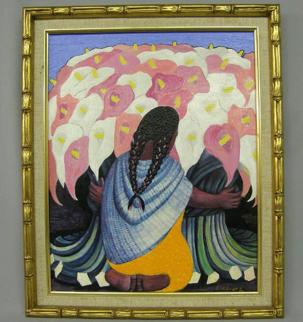 Original Oil on Canvas Signed E Rivera 19''x15'': Original Oil on Canvas Signed E. Rivera, in wood frame, visual is 19.5'' x 15.5''. SHI $45.