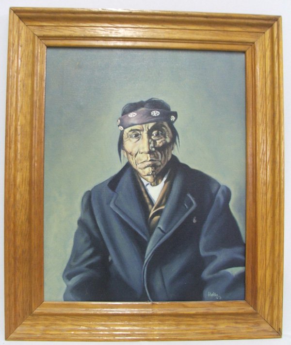 Original Navajo Painting by Henry Willie 15''x19': Original Navajo Portrait Painting by Henry Willie, oil on canvas, signed H. Willie '78 and on back has Indian name, ''Chishi Neez.'' Visual measures approx. 15.5 x 19.75 inches. SHI $40.