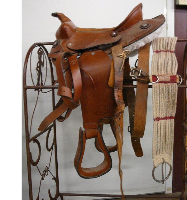Little Buckaroo Tooled Western Saddle 12'' Seat: Child's Western Saddle 12'' Seat. Leather covered stirrups, front & back cinches. SHI $40.