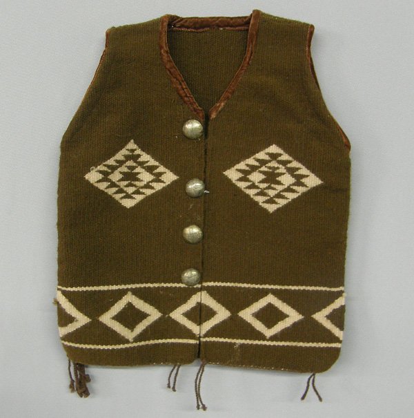 Navajo Child's Vest With Sterling Buttons 17x14": Navajo Child's Vest With Sterling Buttons. Brown vest with tan design. 17x14" SHI $15.