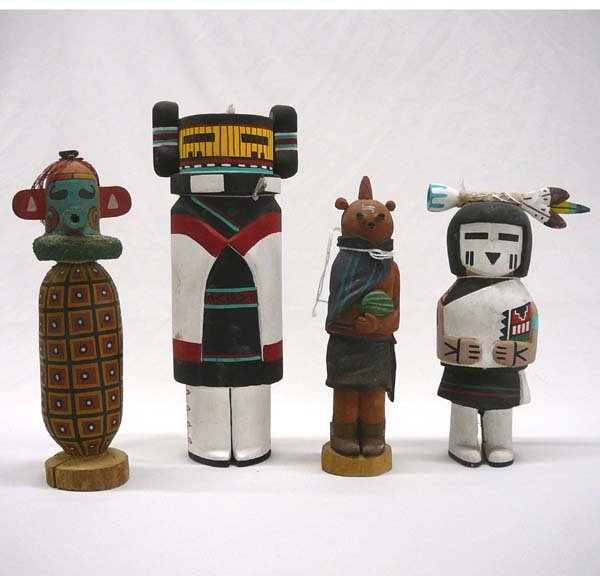 4 Route 66 Wooden Kachinas Largest 9.5'' Tall: 4 Wood Kachinas Largest 9.5'' Tall. SHI $30.