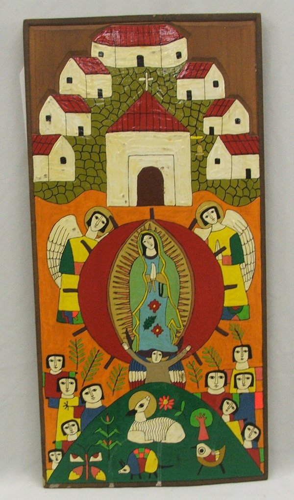 Mexican Hand Painted Wood Retablo 17.5 x 18.5'': Mexican Hand Painted Wood Retablo, measures 17.5 x 18.5''. SHI $25.