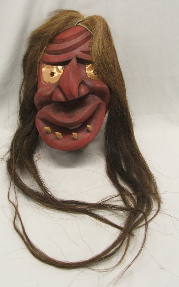 Iroquois Wood Mask by Clarence Longboat 12'' Long: Iroquois Wood Mask by Clarence Longboat 12'' Long. Has horsehair. SHI $20.