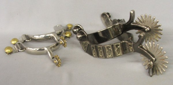 2 Pair Cowboy Spurs 7 x 3'' Rowels 2'': 2 Pair Cowboy Spurs, largest measures 7 x 3'', Rowels measure 2''. SHI $20.