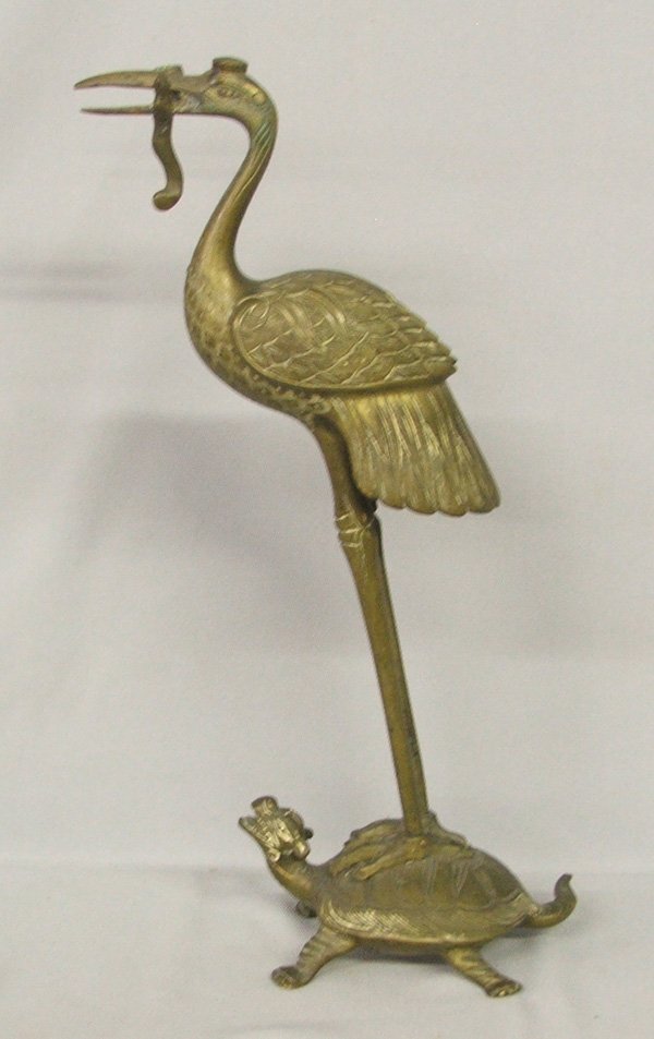 Oriental Bronze Statue Stork On Turtle 13''