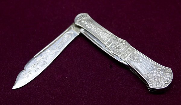 Victorian Silver Ladies Folding Knife 9.5'' Open: Victorian Silver Ladies Folding Knife 9.5'' in Open position. Engraved name on blade. SHI $15.