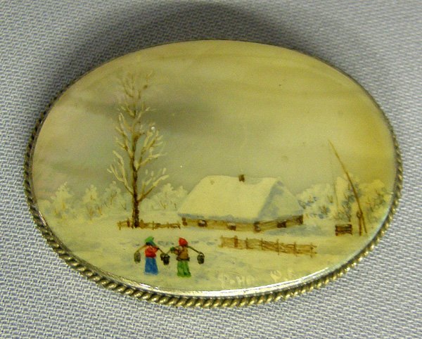 Russian Mother Of Pearl Hand Painted Brooch 1x2"