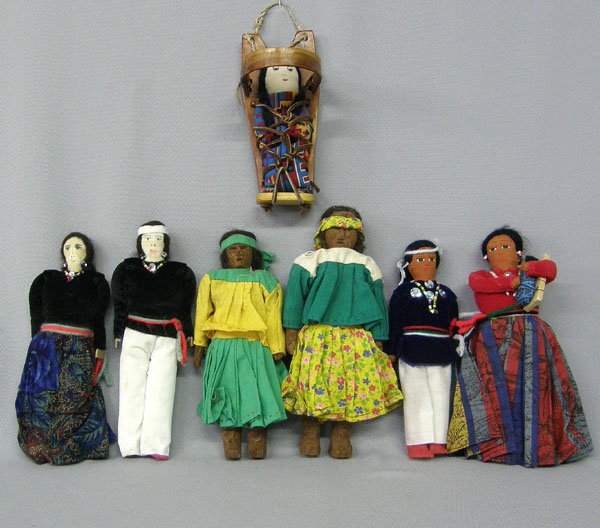 7 Navajo & Tarahumara Cloth Dolls 8'' Largest: 7 Navajo & Tarahumara Cloth Dolls 8'' Largest. Includes 4 Navajo Dolls, 2 Tarahumara Dolls & Navajo Cradle Board. SHI $25.