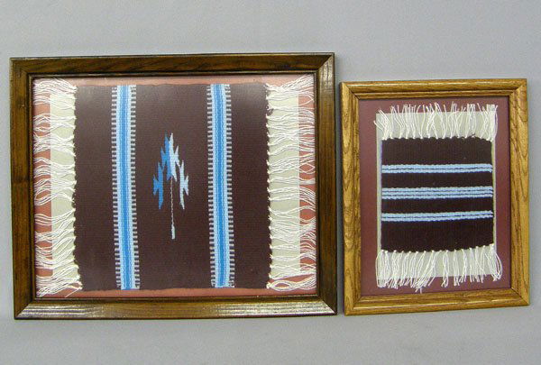 2 Zapotec Framed Hand Woven Samplers 14'' x 10'': 2 Zapotec Framed Hand Woven Samplers largest measures 14'' x 10''. Framed in wooden frames, under glass. SHI $35.