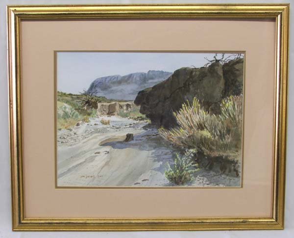 Original Watercolor ''Arroyo'' By J. Jones 10x14": Original Watercolor ''Arroyo'' By Jim Jones 10x14''. Framed in a wooden frame, under glass, double matted, (matting has slipped). SHI $35.