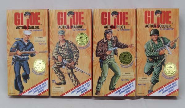 4 NIB Hasbro 1900s 1st Edition GIJOE 12'': 4 NIB Hasbro 1900s 1st Edition GIJOE 12''. Action Pilot, Action Marine, Action Sailor, Action Soldier. SHI $25.