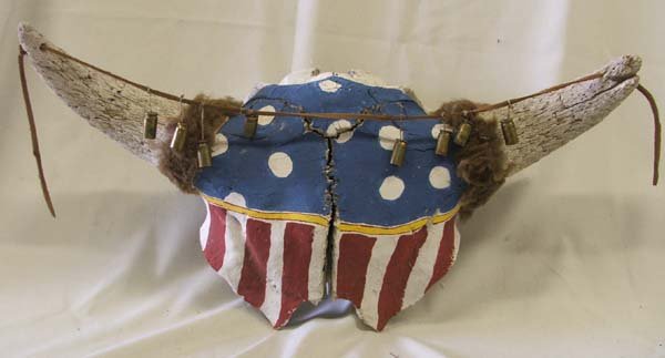 Patriotic Painted Buffalo Skull w/ bullet bells : Buffalo Skull With Red White & Blue paint and Bullet Bells, 21'' x 13''. SHI $35.