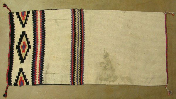 Double Sided Heavy Wool Saddle Blanket 30''x64'': Double Sided Heavy Wool Saddle Blanket 30''x64''. Leather protectors sewn on each side. Extra thick and heavy weaving. Some staining. SHI $25.