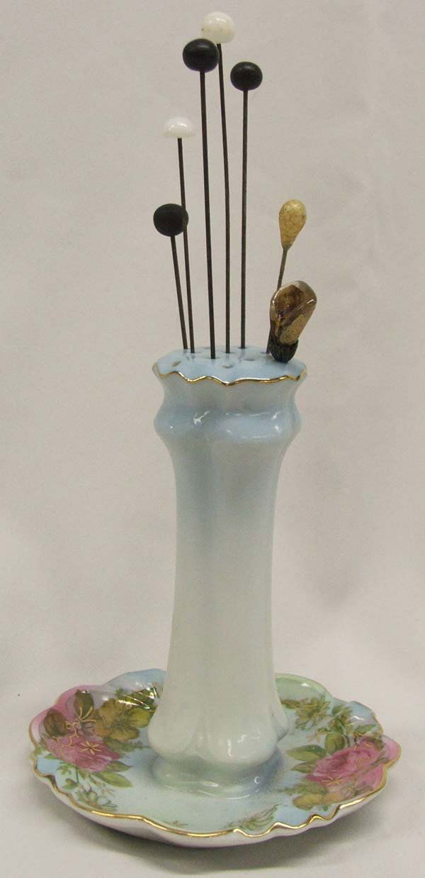 1029 Antique R.S. Prussia Hat Pin Holder 5"H with Pins