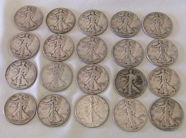 20 Walking Liberty Silver Half Dollar Coins: 20 Walking Liberty Silver Half Dollar Coins to include: 2-unreadable, 2-1920,1927,1934,1935,2-1940,1941,4-1943,3-1944,1945,2-1947. SHI $15.