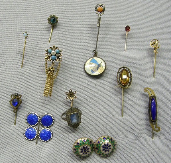Antique Jewelry including Victorian Hat Pins: Mixed Lot Of Jewelry, Marcasite Ring Size 5 1/2, Cloissone' Clip Earrings, Butterfly Wing Pendant, Victorian Stick Pins, Cloissonne' Cuff Links. SHI $15.