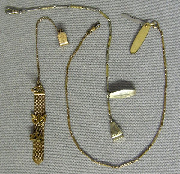 3 Estate Antique Gold Pocket Chain Jewelry: 3 Items Vintage Men's Jewelry - longest 15'' Chain w/Knife is 14Kt Gold, Sterling Silver and Gold chain marked Hayward, Gold Watch Fob marked SOB & Co. etc. SHI $15.