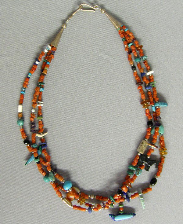 Navajo 3 Strand Coral Necklace W/Fetishes 25": 3 Strand Coral Necklace W/Fetishes of Turquoise, Shell, etc. 25.25'' Long. SHI $15.