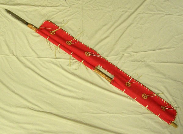 Native American Dance Lance with Shield 76'': Indian Dance Lance 76''. Hand forged blade, Raw Hide Strap wrapped handle, felt carrying dance shield. SHI $30.