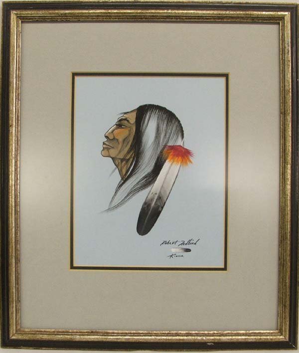 Original Kiowa Painting By Robert Redbird 18x15: Original Kiowa Painting By Robert Redbird, framed 18'' x 15'', visual 9.5'' x 7.5''. Framed in a wooden frame, double matted, under non-glare glass. SHI $35.