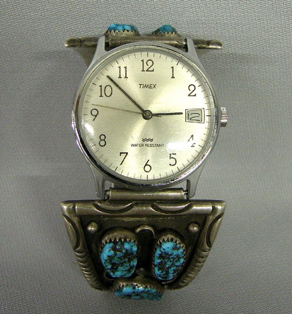 Navajo Silver & Turquoise Watch Tips & Watch 7'': Navajo Silver & Turquoise Watch Tips & Watch 7''. Working Timex self winding date watch. SHI $15.