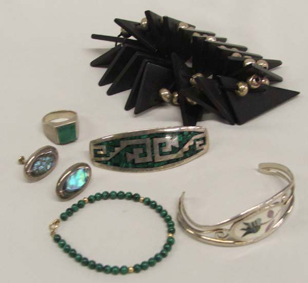 7 Pieces Mexican Silver Malachite Jewelry plus: 7 Pieces Mexican Jewelry, Ring is Size 9. Sterling & abalone screw back earrings. Malachite & gold bead bracelet. Sterling & MOP bracelet. Chip inlay malachite and sterling hair clip. Silver bead and