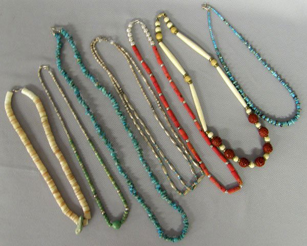 7 Southwestern Necklaces Silver, Turquoise, Etc: 7 Southwestern Necklaces Silver, Turquoise, Shell, Bone, Etc. Longest is 31''. SHI $15.