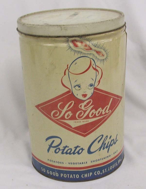 Antique Advertining ''So Good'' Potato Chip Tin: Primitive ''So Good'' Potato Chip Can 11.4''H x 7.4'' around. SHI $20.