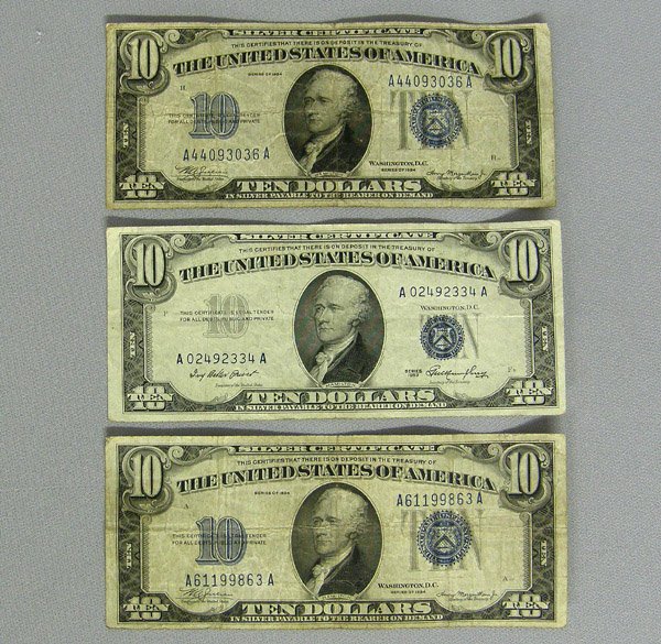 3-10 Dollar Silver Certificates: 3-10 Dollar Silver Certificates, 2 Series 1934 and 1 Series 1953. SHI $15.
