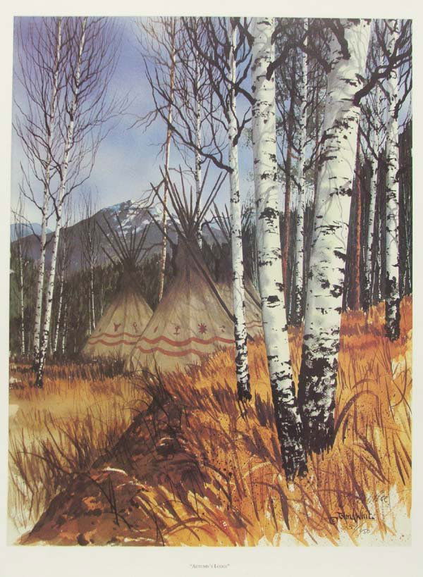 John White Print ''Autumn's Lodge'' Signed # 21x16'': John White Print ''Autumn's Lodge'' Signed and numbered, 21'' x 16''. Signed by artist, 234/450. SHI $20.