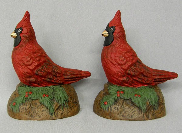 Pr Cast Iron Cardinal Bird Door Stops 8.5'': Pair Painted Iron Cardinal Bird Door Stops 8.5''x8.5''. SHI $20.