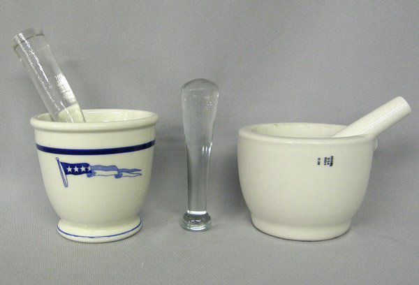 2 Vintage Ceramic Mortars & Pestles 3'' x 3'' Coors+: 2 Vintage Ceramic Mortars & Pestles 3'' x 3''. 1 Coors ceramic mortar and pestle, 1 ''Shenago China, New Castle, PA'' mortar and 2 glass pestles. SHI $20.