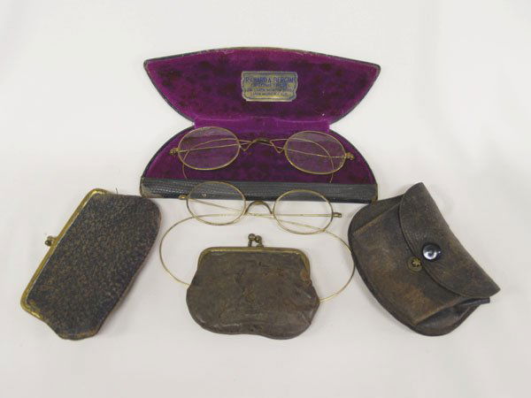 6 Antique Items: 2 eye glasses, 4 Purses/Cases: 6 Antique Items: 2 eye glasses, 4 Leather Purses/Cases. Eye glass case 6''x2.25''. The snap close case has tag inside: Lawrence Barret Cigar.