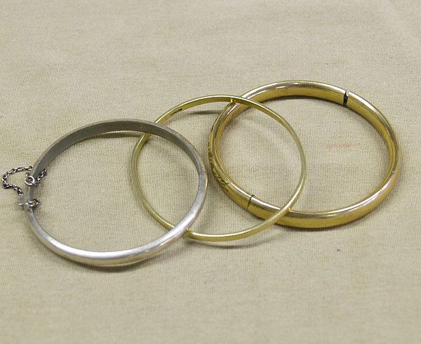 3 Estate Bangle Bracelets, all marked 7" inside: 1-WA 14Kt Gold, 1-12 Kt Gold Filled, 1-Silver. SHI $15