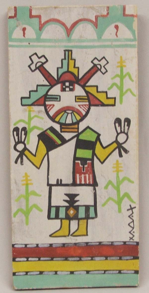 Hopi Painting on Board of Kachina by Stacey 12'': Laguna/Hopi Painted Board Kachina by Joseph Stacey 12''x5.5''. SHI $15.
