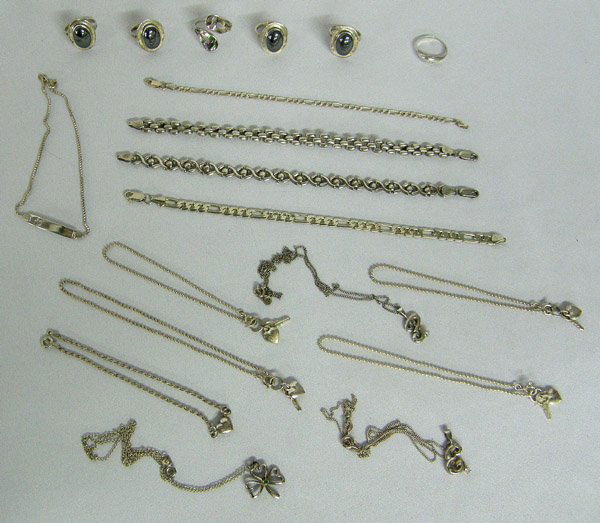 15+pc Silver Jewelry; Rings, Pendants, Bracelets: Sterling Silver Anklets (6), Pendants (3), Bracelets (4) and Rings (6). Largest ring size is 9 (Abalone Shell Wrap ring). SHI $15.