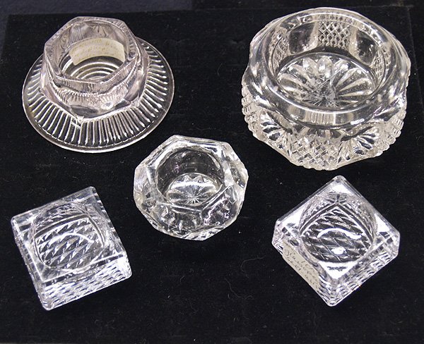 5 Vintage Glass Salt Cellars 3'' : 5 Vintage Glass Salt Cellars 3'' Largest. 2 Master Salts & 3 Individual. SHI $20.